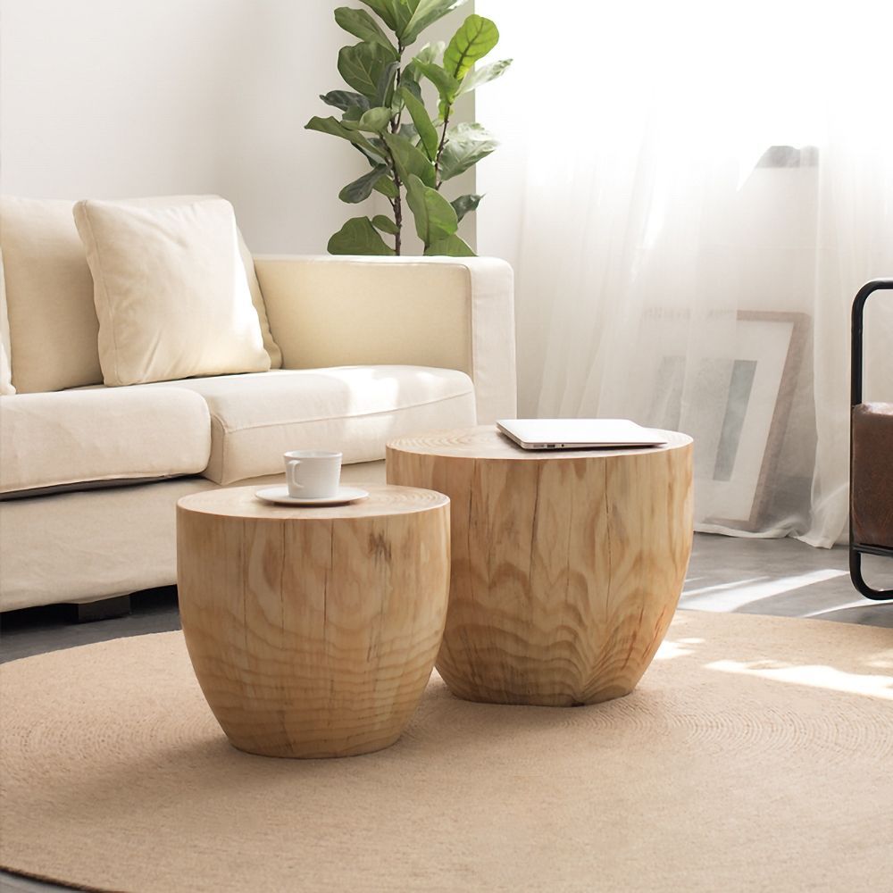 Round Pine Wood Drum 2 Piece Coffee Table Set Living Room Intended For 2 Piece Round Console Tables Set (View 5 of 20)