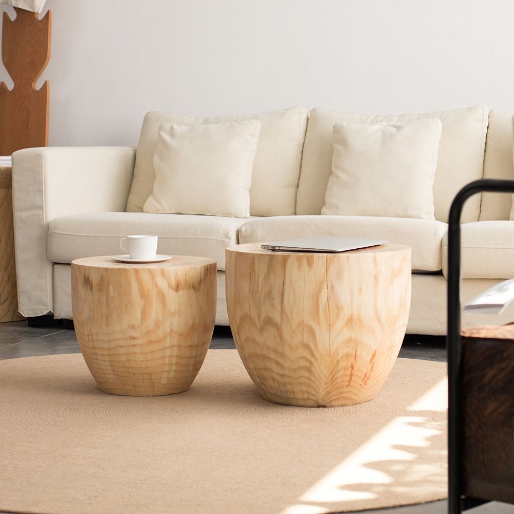 Round Pine Wood Drum 2 Piece Coffee Table Set Living Room Intended For 2 Piece Round Console Tables Set (View 3 of 20)