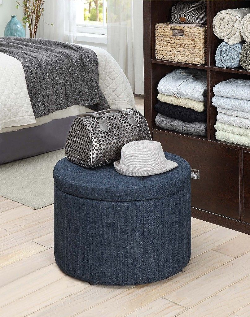 Round Shoe Ottoman In Blue Linen – Convenience Concepts 161546fbe In For Blue Round Storage Ottomans Set Of  (View 17 of 20)