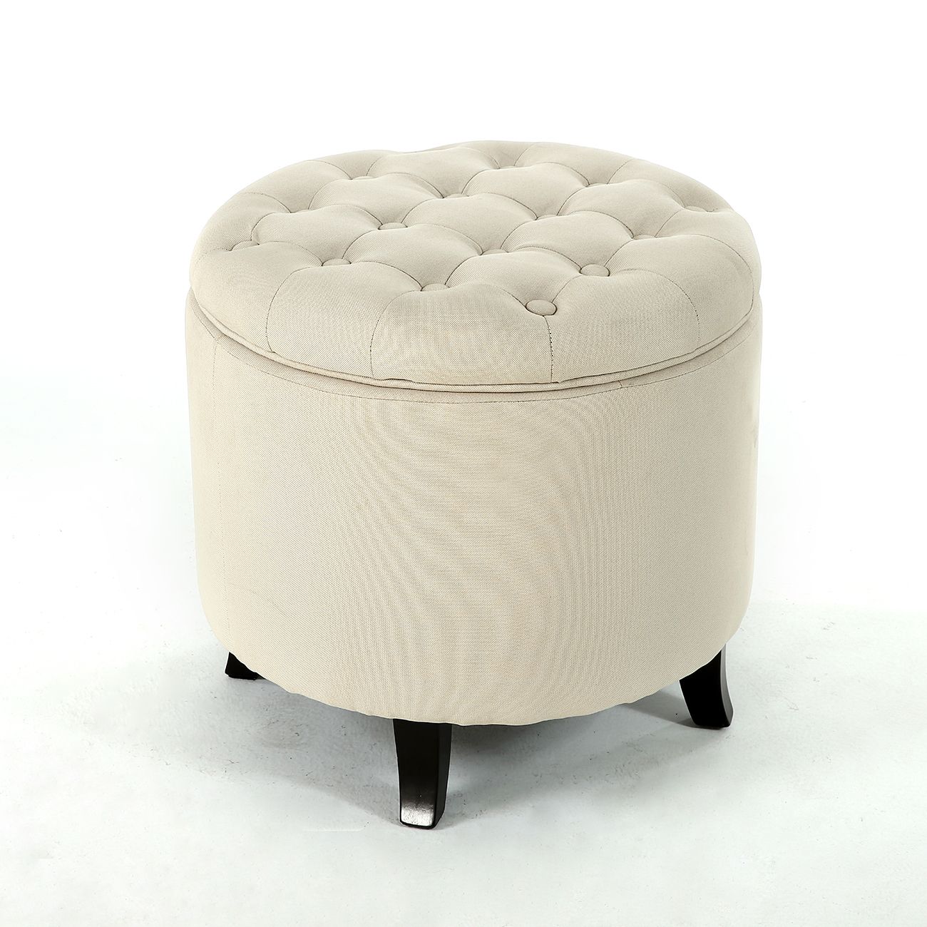 Round Storage Ottoman Beige Upholstered Button Tufted Foot Stool Seat Intended For Orange Fabric Nail Button Square Ottomans (View 7 of 20)