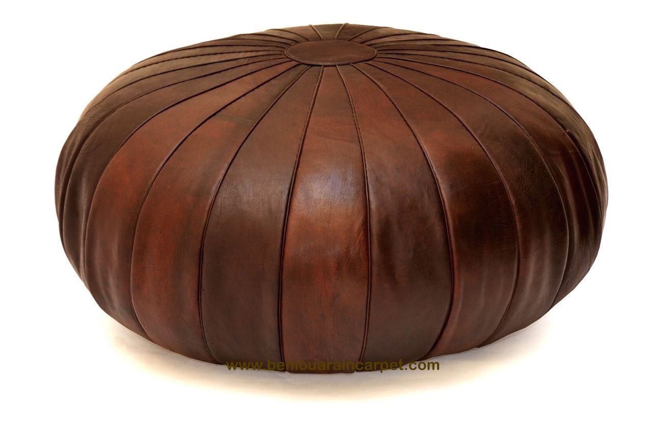 Round Stunning Leather Moroccan Pouf Ottoman Brown Leather Ottoman With Regard To Weathered Gold Leather Hide Pouf Ottomans (View 15 of 20)