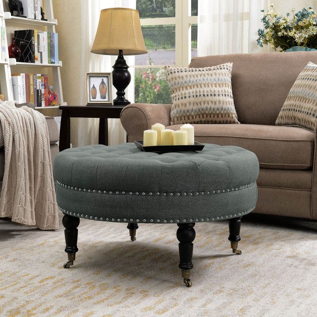 Round Tufted Linen Ottoman With Caster, 33" – Traditional – Footstools Pertaining To Linen Sandstone Tufted Fabric Cocktail Ottomans (View 15 of 20)