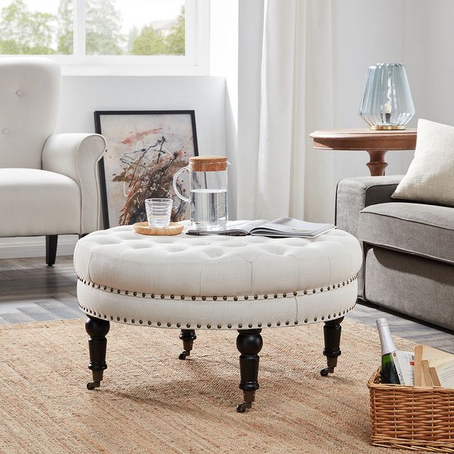 Round Tufted Linen Ottoman With Caster, 33" – Traditional – Footstools Regarding Natural Beige And White Cylinder Pouf Ottomans (View 13 of 20)