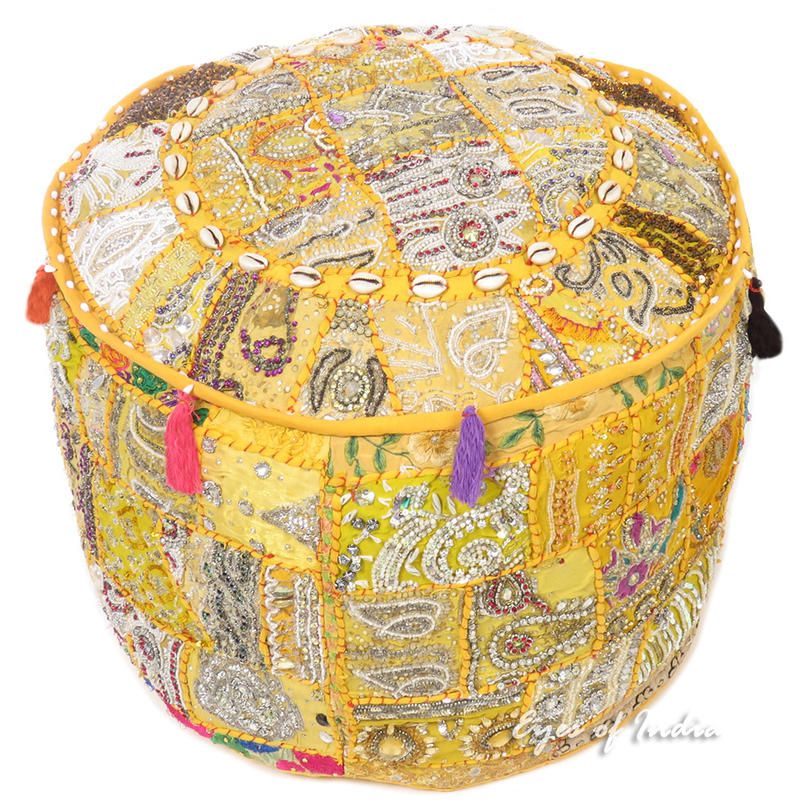 Round Yellow Embroidered Pouf Pouffe Ottoman Boho Decorative Cover – 22 Pertaining To Textured Yellow Round Pouf Ottomans (View 11 of 20)