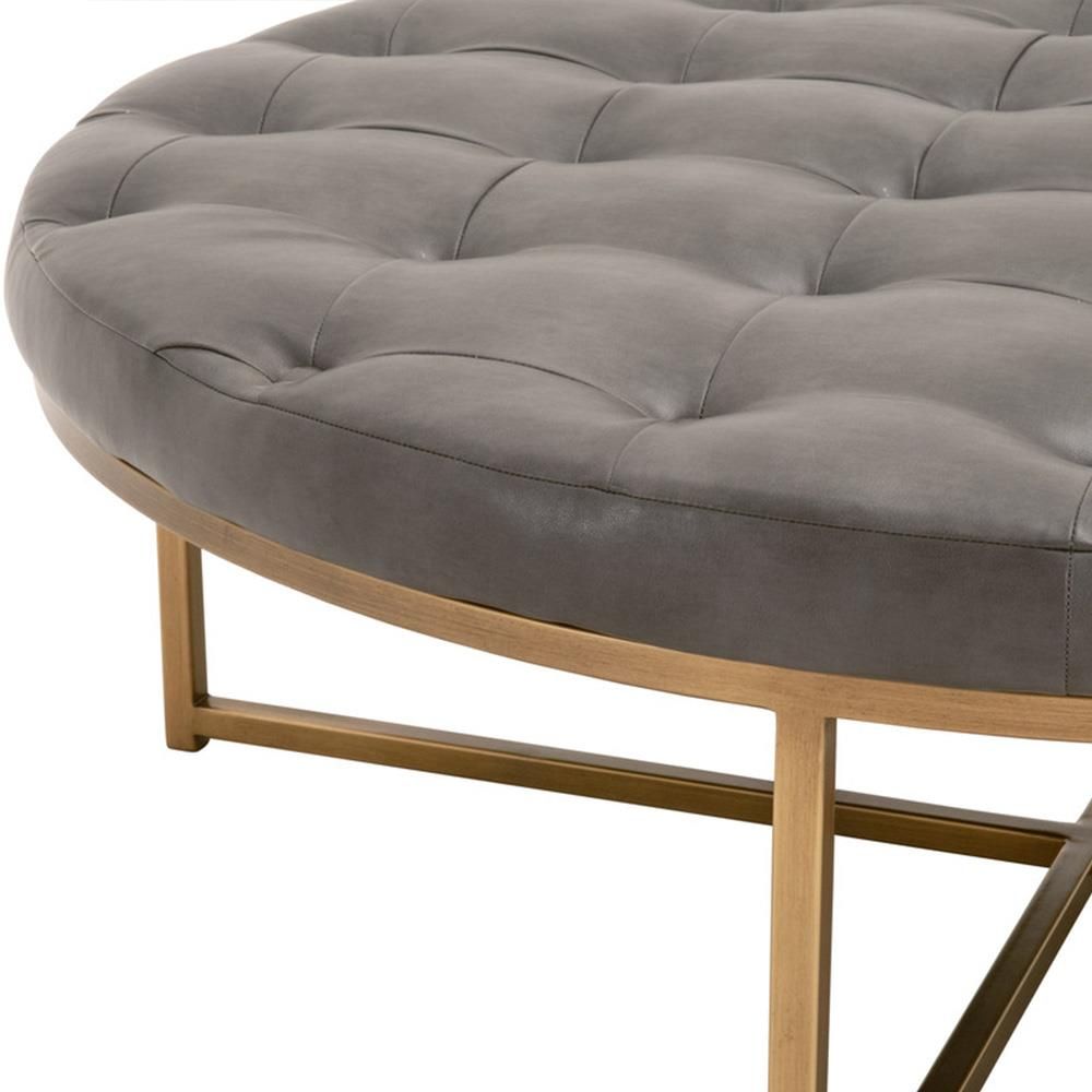 Roxy Modern Gold Metal Grey Leather Cushion Round Cocktail Ottoman Regarding Gold And White Leather Round Ottomans (View 15 of 20)