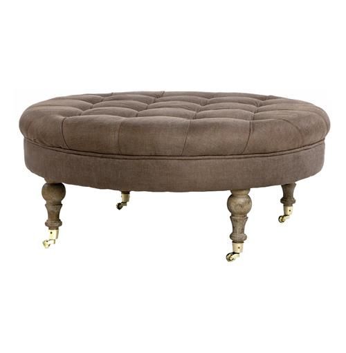 Rue Du Bac French Country Round Tufted Brown Linen Cocktail Ottoman In Linen Sandstone Tufted Fabric Cocktail Ottomans (View 13 of 20)