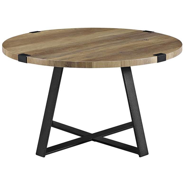 Rustic 31" Wide Metal Legs And Oak Top Round Coffee Table – #64j76 With Regard To Metal Legs And Oak Top Round Console Tables (View 9 of 20)