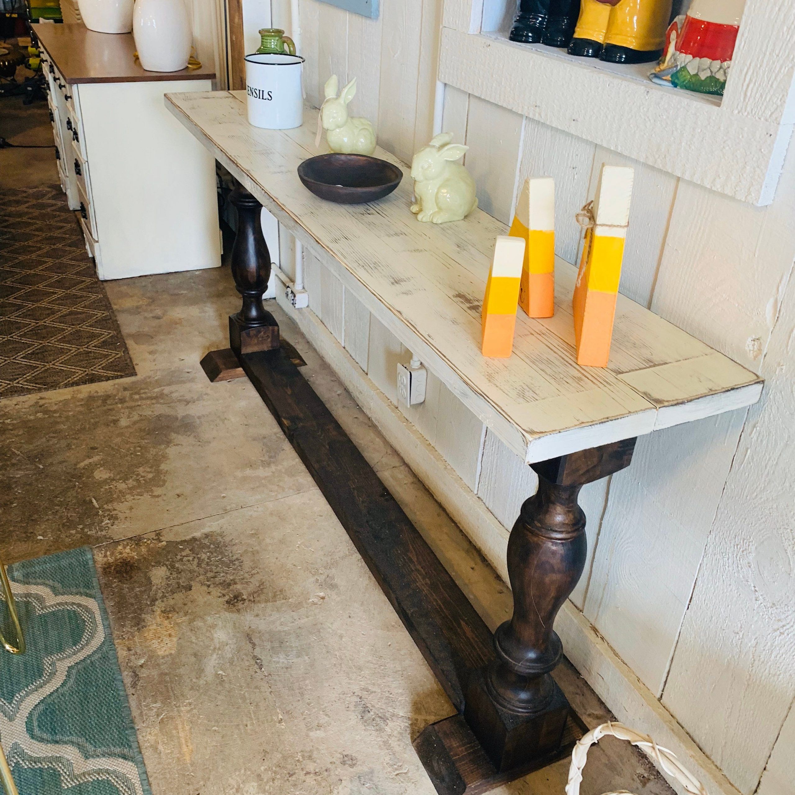 Rustic Farmhouse Entryway Table With Shelve And Turned Legs, Dark With Square Weathered White Wood Console Tables (View 6 of 20)
