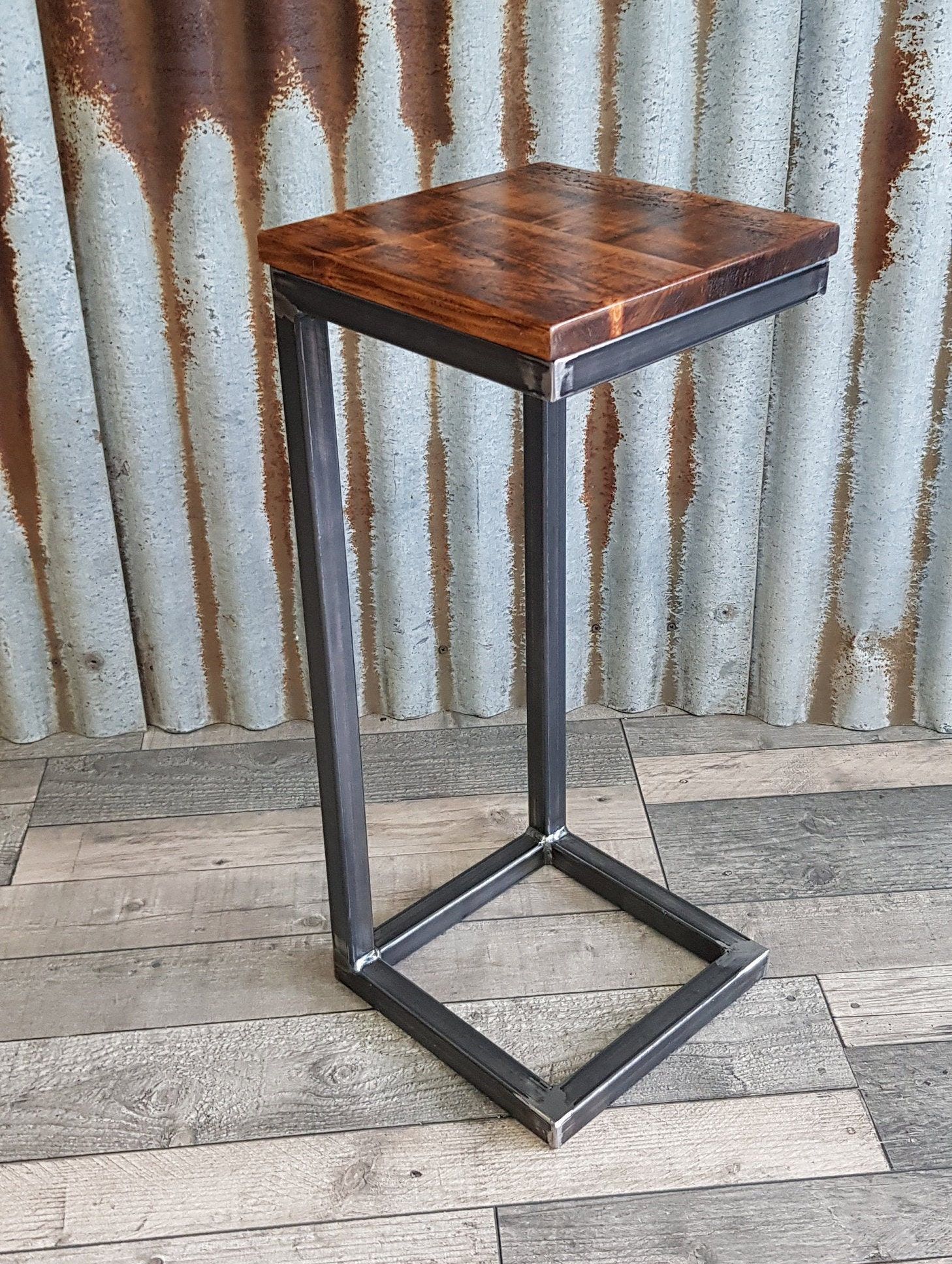 Rustic Industrial Sofa Side Table, Wooden C Shaped Lap Table, Bespoke Regarding Barnside Round Console Tables (View 4 of 20)