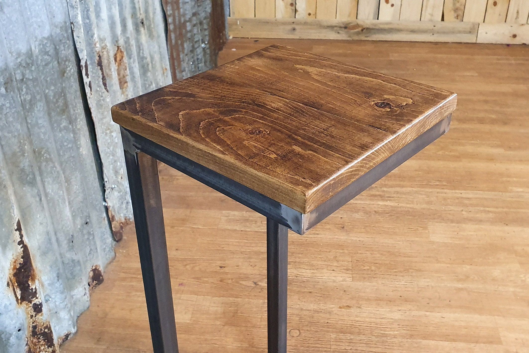 Rustic Industrial Sofa Side Table, Wooden C Shaped Lap Table, Bespoke Throughout Rustic Walnut Wood Console Tables (View 4 of 20)