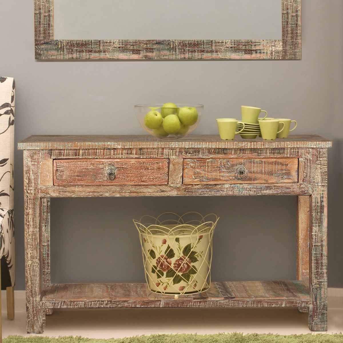 Rustic Reclaimed Wood Naturally Distressed Hall Console Table Pertaining To Square Weathered White Wood Console Tables (View 3 of 20)