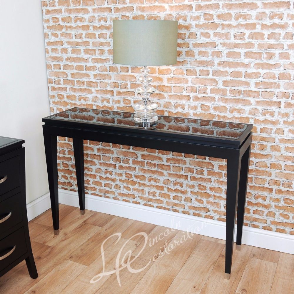 Rv Astley Modena Black Console Table Beveled Glass Top Contemporary With Regard To Black Round Glass Top Console Tables (View 14 of 20)