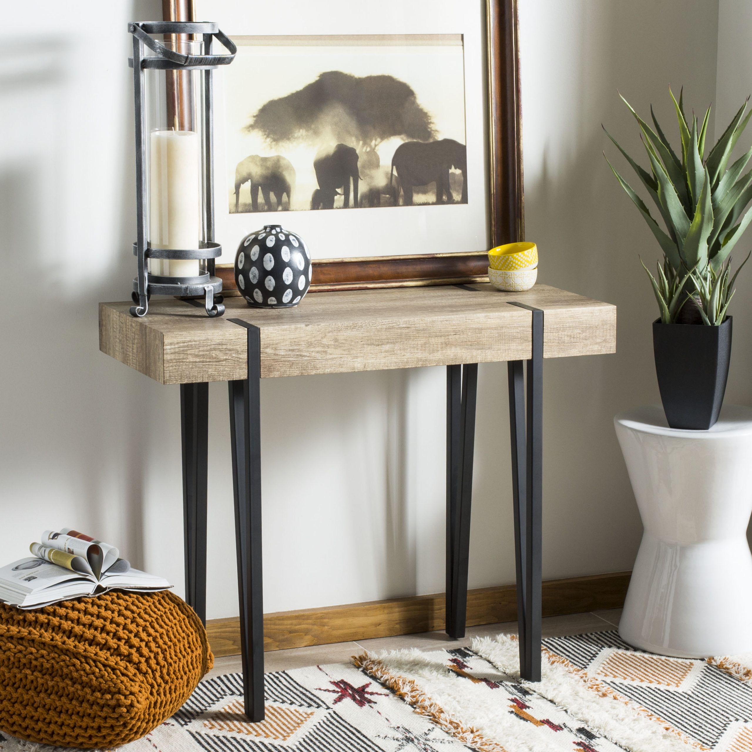 Safavieh Alyssa Rectangular Mid Century Wood Top Console Table With Bronze Metal Rectangular Console Tables (View 5 of 20)