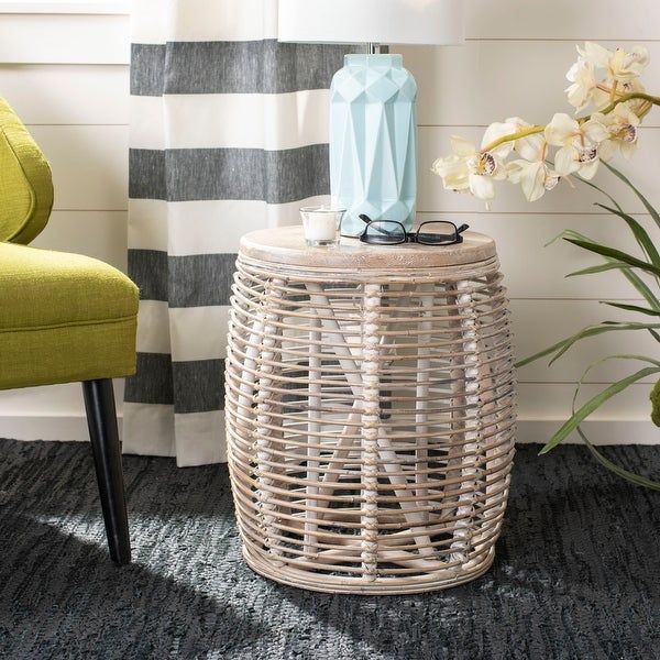 Safavieh Maui Rattan White Washed Drum Stool Accent Table –  (View 13 of 20)