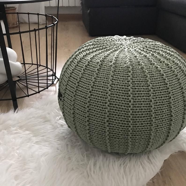 Sage Green Knitted Pouf Chartreuse Floor Pouf Ottoman Knitted | Etsy Within Green Fabric Oversized Pouf Ottomans (Gallery 20 of 20)