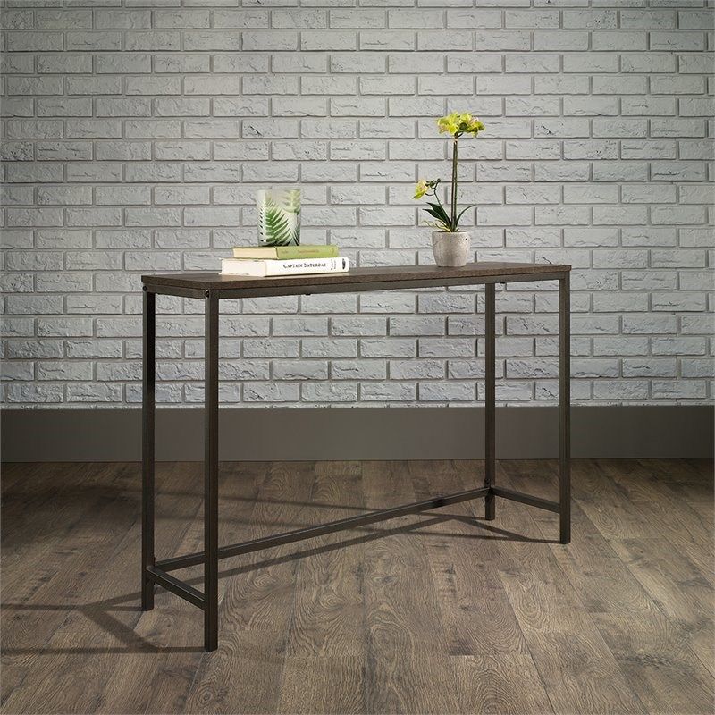 Sauder North Avenue Narrow Metal Frame Console Table In Smoked Oak Throughout Swan Black Console Tables (View 9 of 20)