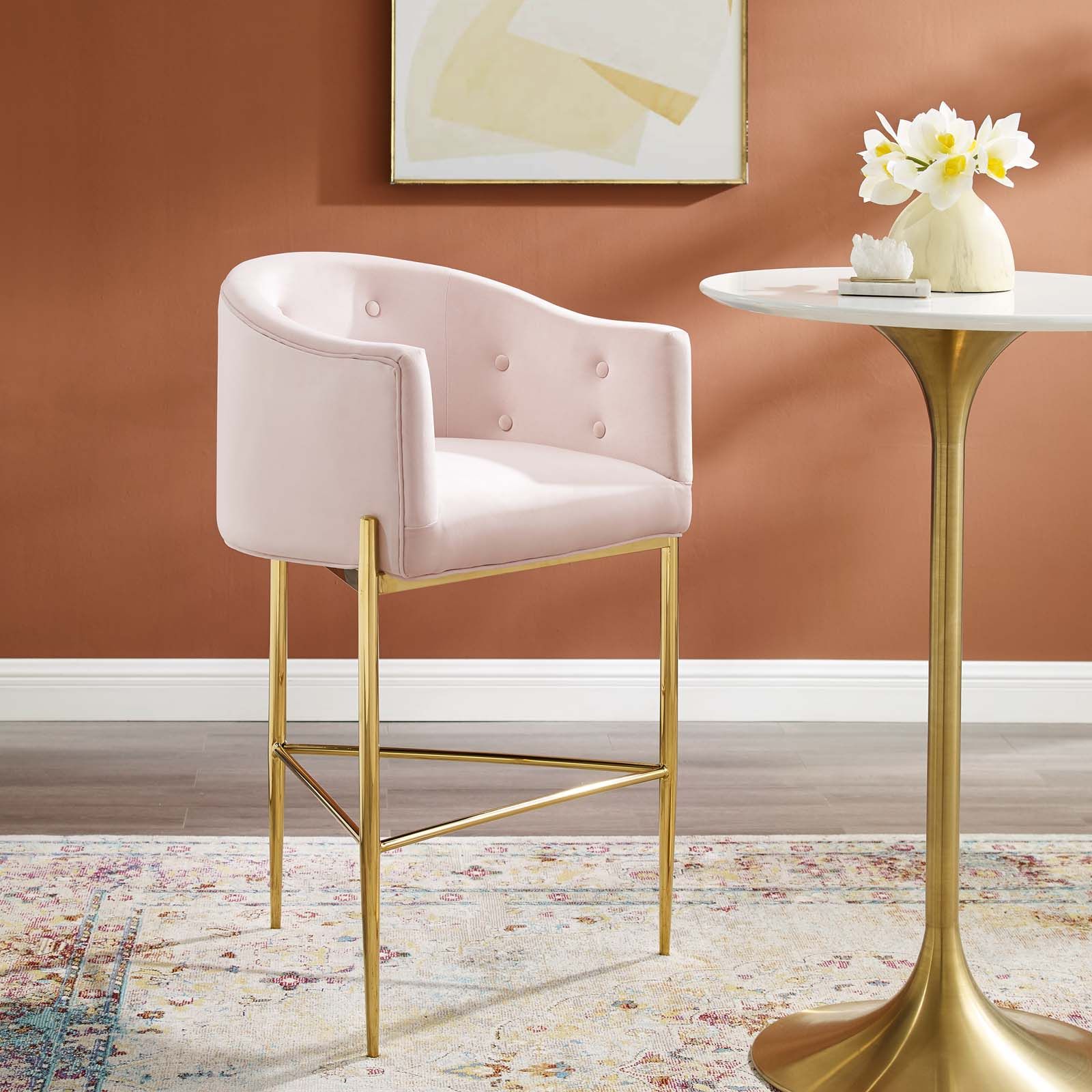 Savour Tufted Performance Velvet Bar Stool Pink Inside Ivory Button Tufted Vanity Stools (View 3 of 20)