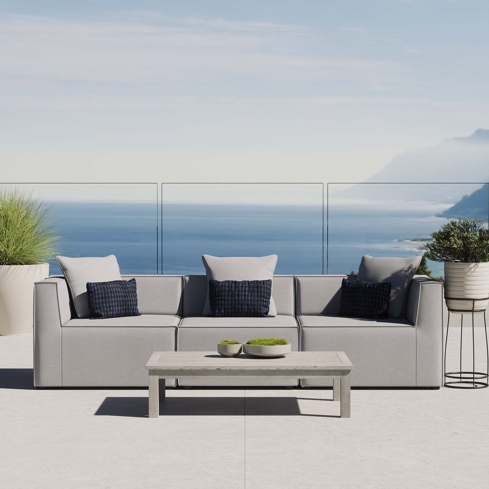 Saybrook Outdoor Patio Upholstered 3 Piece Sectional Sofa In Gray Throughout 3 Piece Console Tables (View 18 of 20)