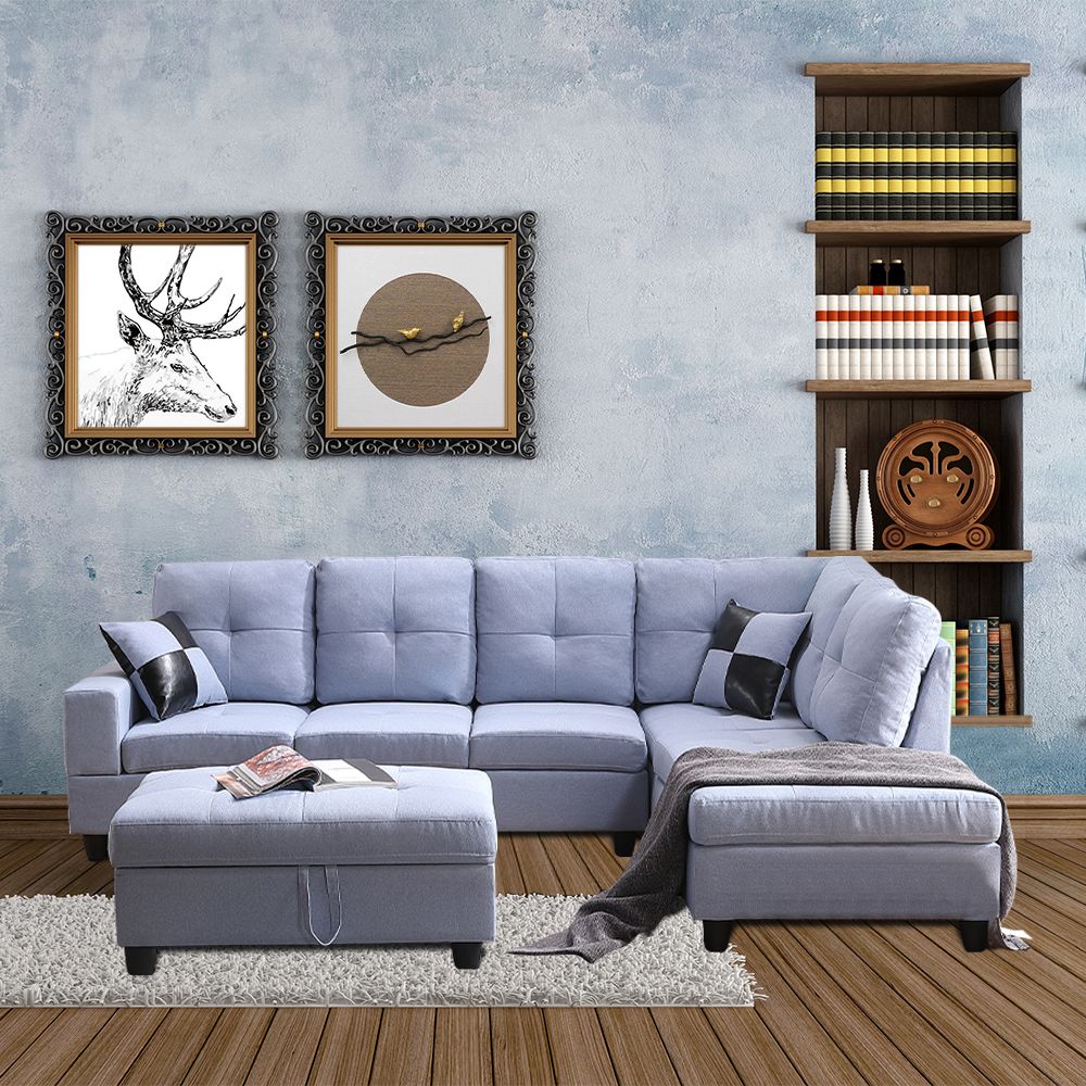 Sectional Sofa, Blue Linen Fabric Sofa Sets With Storage Ottoman Intended For Blue Fabric Lounge Chair And Ottomans Set (View 12 of 20)