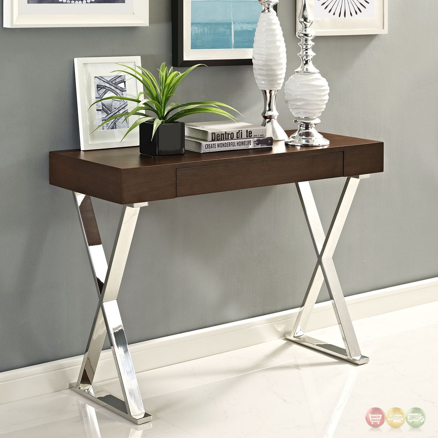 Sector Modernistic Console Table With High Gloss Top & Chrome Base, Brown Intended For Square High Gloss Console Tables (Gallery 20 of 20)