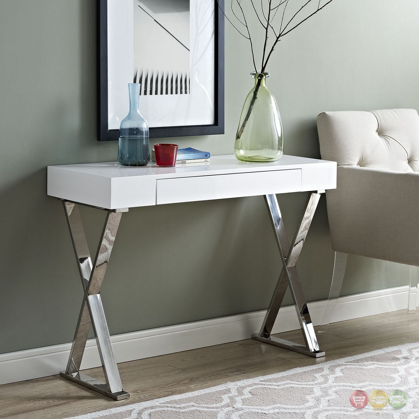 Sector Modernistic Console Table With High Gloss Top & Chrome Base, White With Regard To Square High Gloss Console Tables (View 8 of 20)