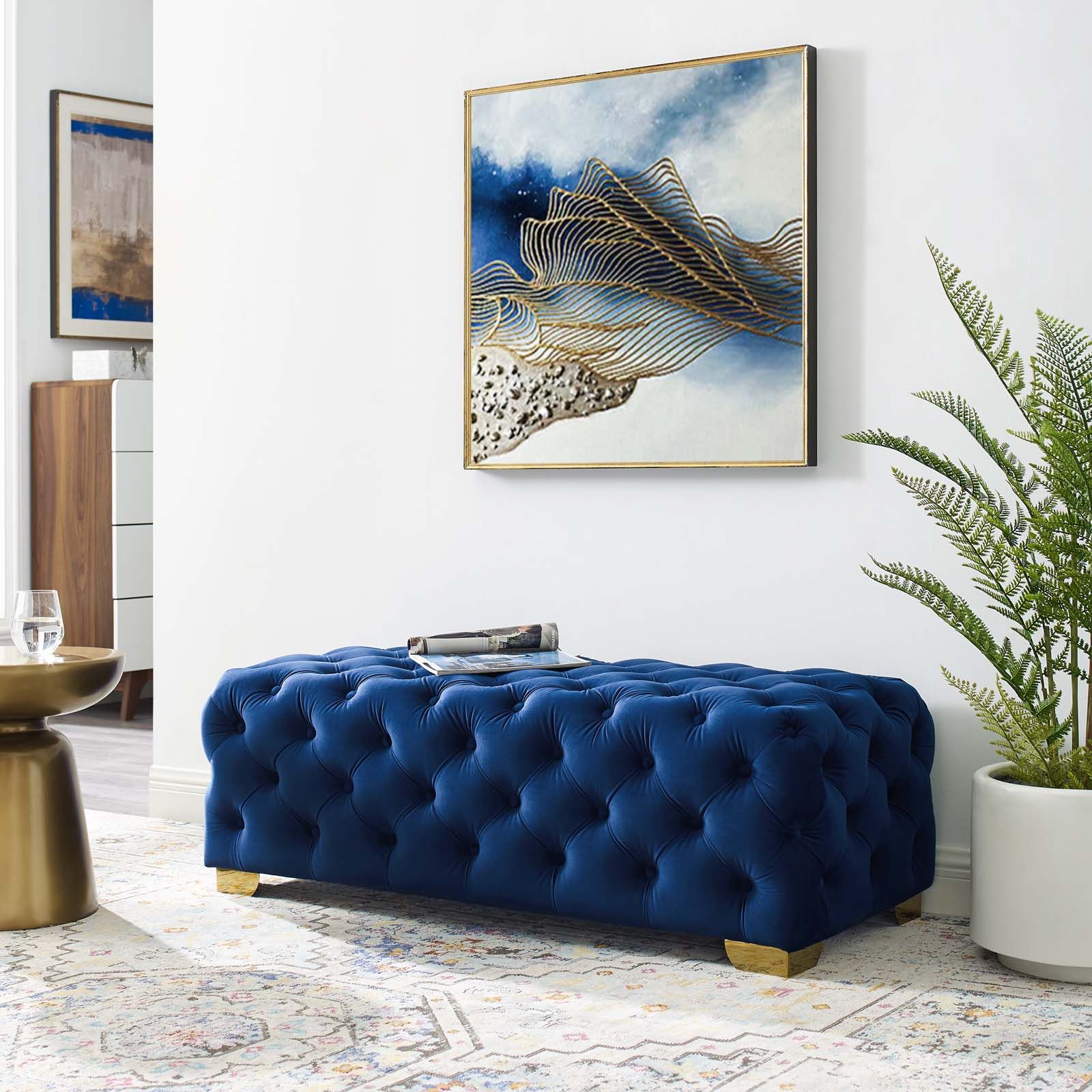 Sensible Button Tufted Performance Velvet Bench Navy Pertaining To Navy Velvet Fabric Benches (View 4 of 20)
