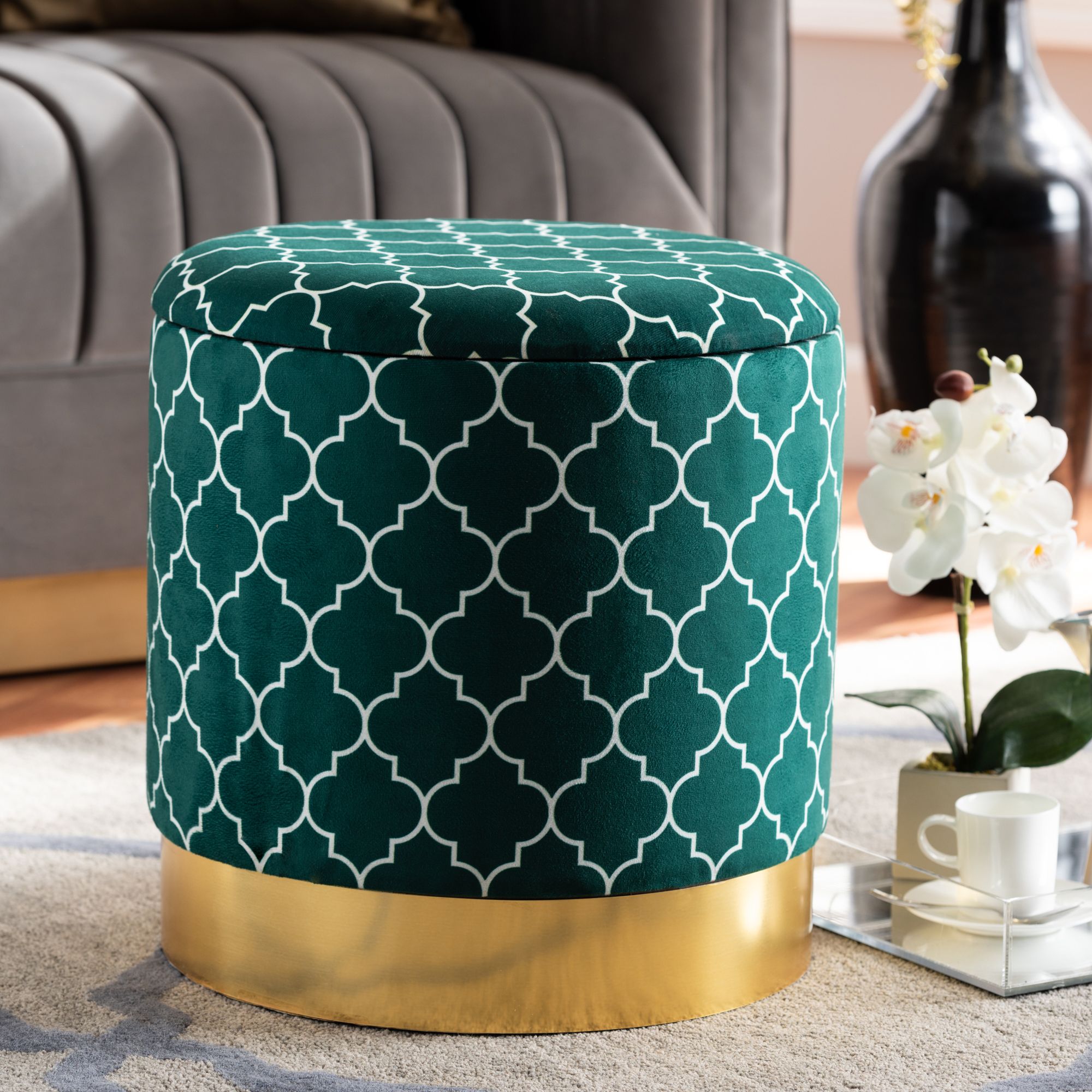 Serra Glam & Luxe Velvet Quatrefoil Pattern Gold Finished Round Storage Pertaining To Round Blue Faux Leather Ottomans With Pull Tab (View 16 of 20)