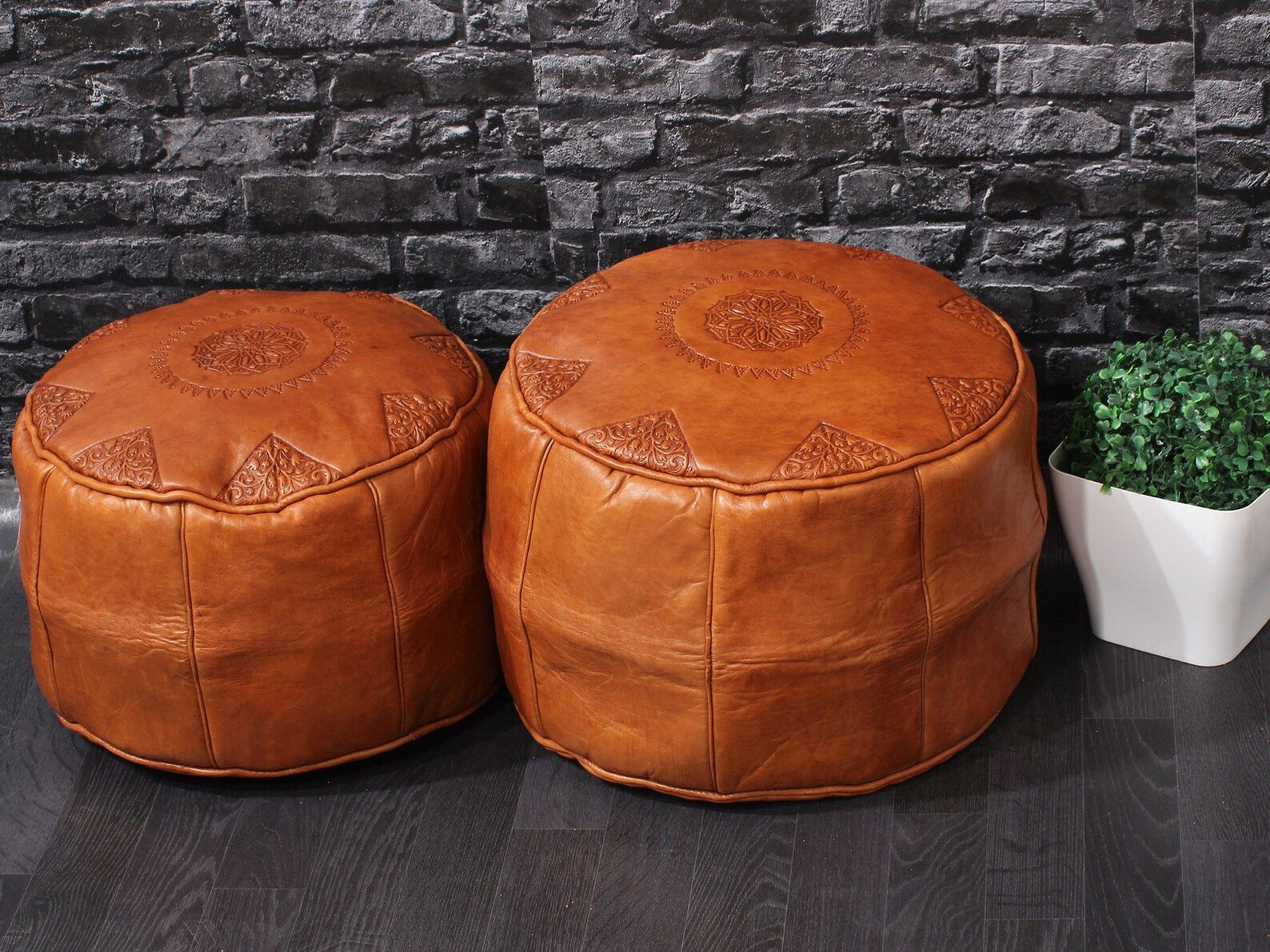 Set 2 Caramel Pouf Ottoman Leather Moroccan Pouf Footstool | Etsy Pertaining To Camber Caramel Leather Ottomans (View 15 of 17)