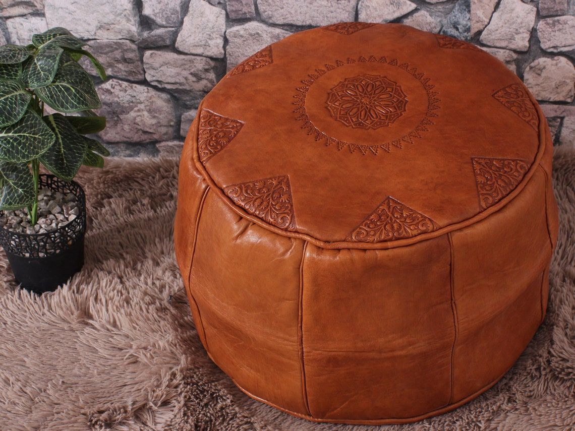 Set 2 Caramel Pouf Ottoman Leather Moroccan Pouf Footstool | Etsy With Regard To Camber Caramel Leather Ottomans (View 9 of 17)
