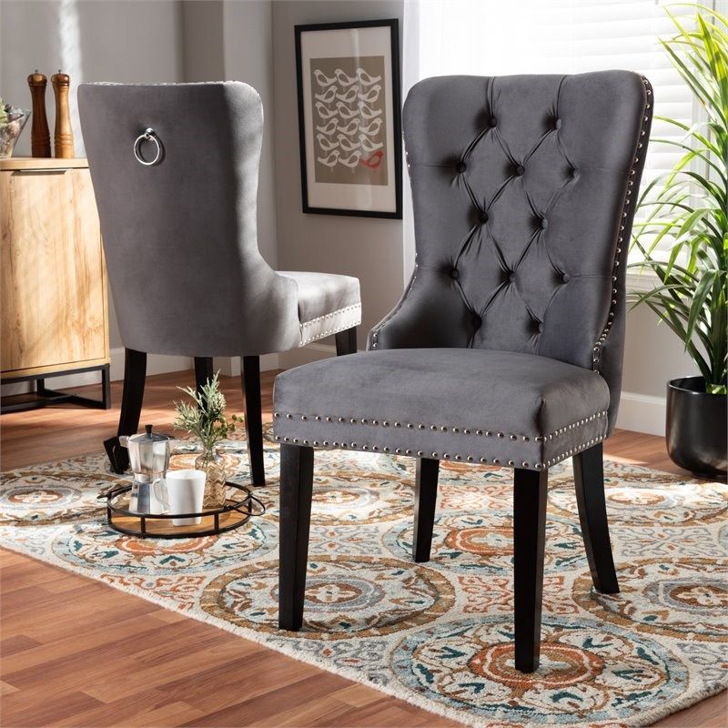 Set Of 2 Baxton Studio Remy Grey Velvet Upholstered Espresso Wood For Smoke Gray Wood Accent Stools (View 8 of 20)