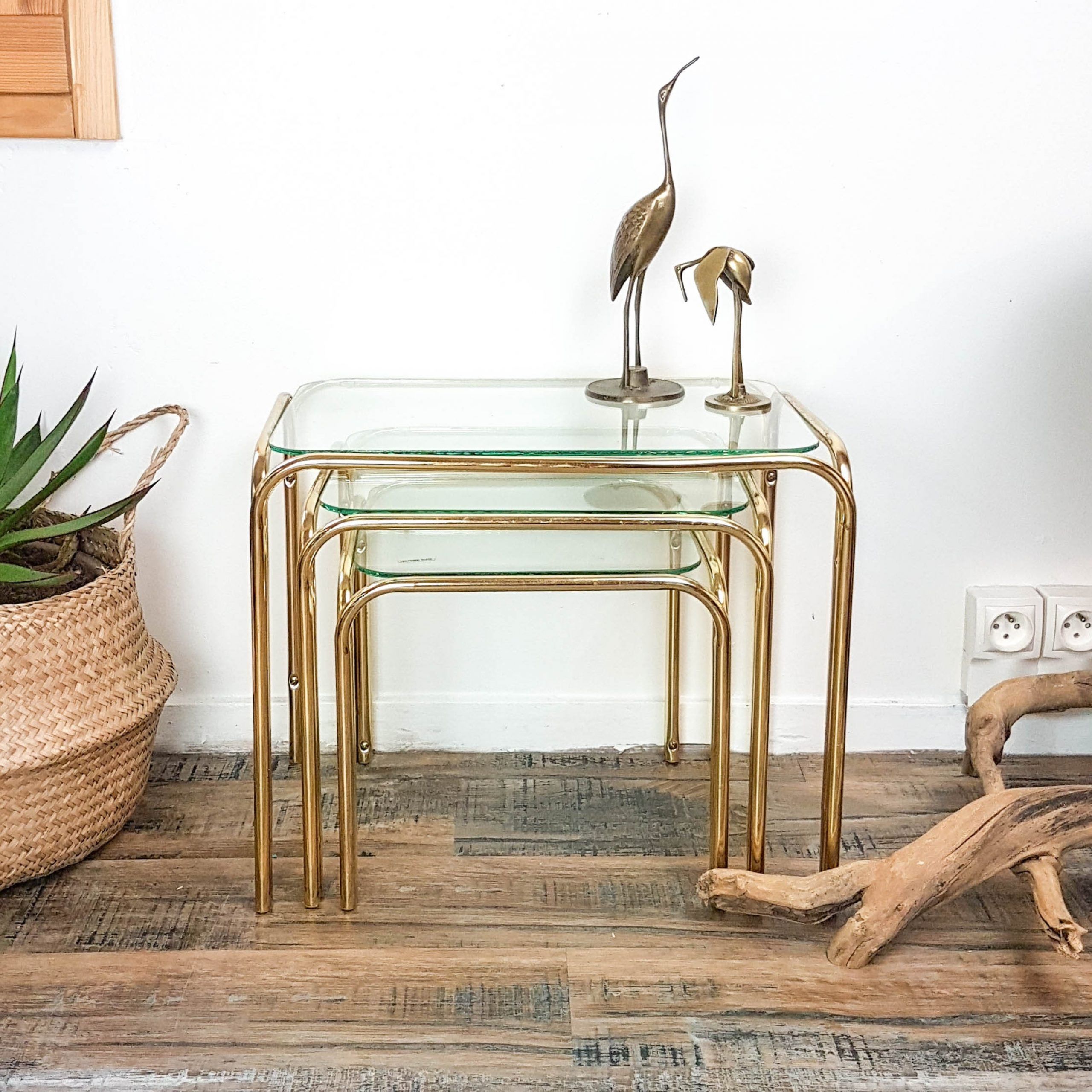 Set Of 3 Vintage Nesting Tables In Glass And Brass Art Deco Style Made For Antique Gold And Glass Console Tables (View 5 of 20)