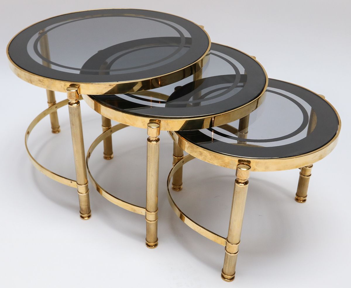 Set Of Three Brass Nesting Tables With Smoked Glass Tops – Adesso Imports With Brass Smoked Glass Console Tables (Gallery 20 of 20)