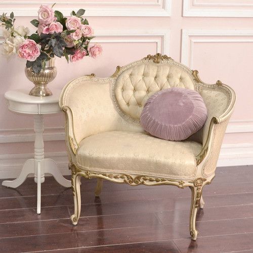 Shabby Vintage Chic Cream Gold Tufted French Style Petite Bergere In Cream And Gold Hardwood Vanity Seats (View 2 of 20)