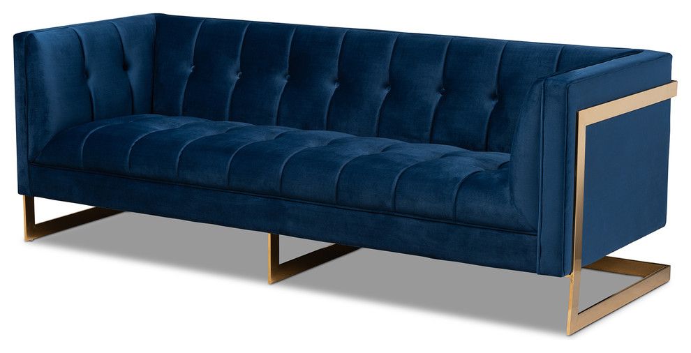 Sharlene Royal Blue Velvet Button Tufted Gold Sofa With Gold Tone Frame Pertaining To Royal Blue Round Accent Stools With Fringe Trim (View 1 of 20)