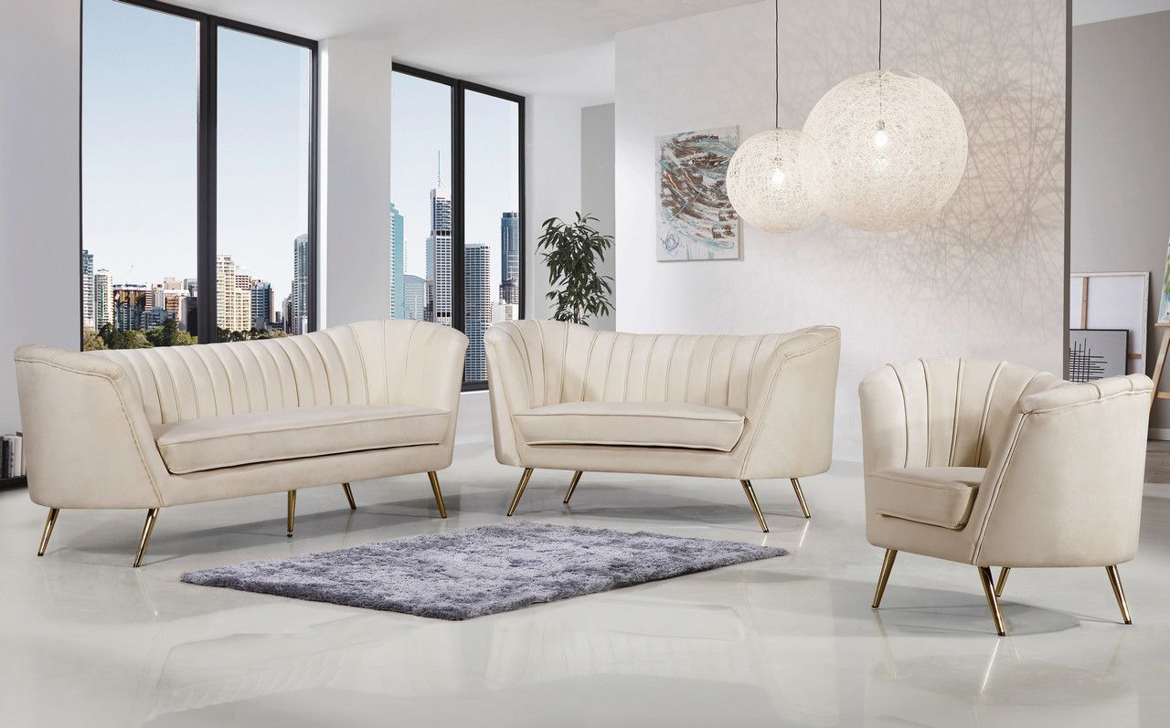 Shelby Scoop Back Channel Tufted Cream Velvet Sofa/loveseat Set W/gold For Cream And Gold Console Tables (View 9 of 20)