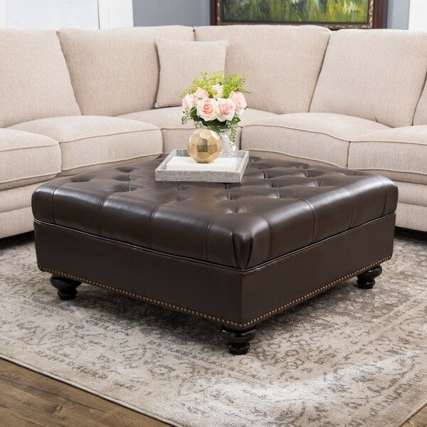 Shop Abbyson Frankfurt Tufted Brown Leather Ottoman – On Sale Throughout Brown Tufted Pouf Ottomans (View 16 of 20)