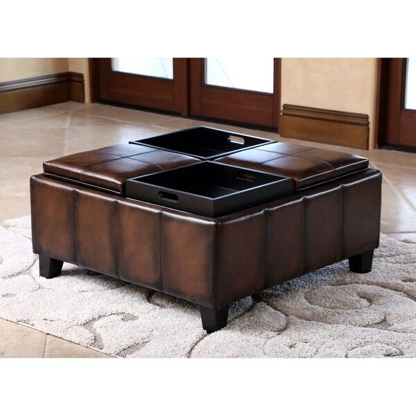 Shop Abbyson Vincent Hand Rubbed Brown Leather Square Ottoman With 4 Throughout Brown Leather Square Pouf Ottomans (View 20 of 20)