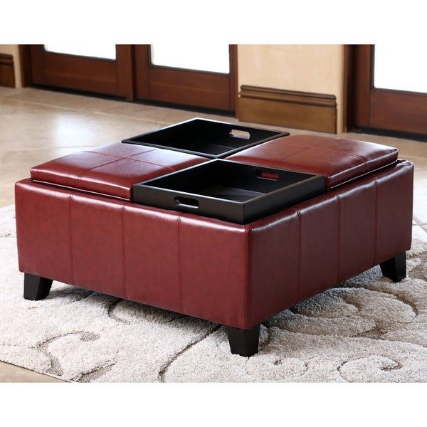 Shop Abbyson Vincent Red Leather Square Ottoman With 4 Trays – Free With Red Fabric Square Storage Ottomans With Pillows (View 10 of 20)