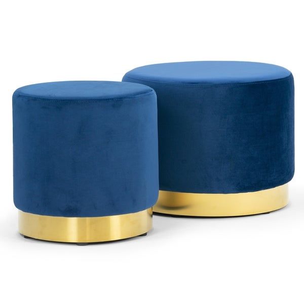 Shop Anna Blue Velvet Round Footstool Ottoman Medium Large Set – On In Blue Round Storage Ottomans Set Of  (View 14 of 20)
