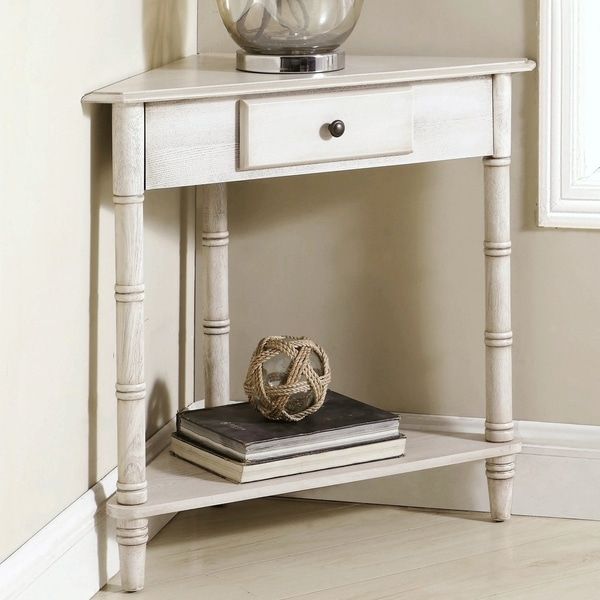 Shop Antique White Corner Accent Console Table With Drawer And Shelve Intended For Pecan Brown Triangular Console Tables (View 15 of 20)