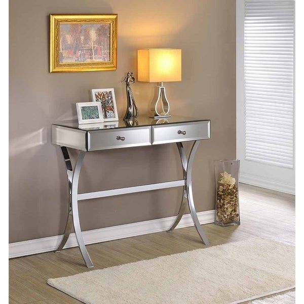 Shop Arleta Clear Mirror And Chrome 2 Drawer Console Table – Overstock Within Silver Mirror And Chrome Console Tables (View 12 of 20)