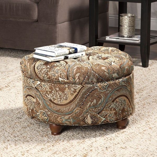 Shop Button Tufted Round Paisley Storage Ottoman – Overstock – 7559312 In Light Gray Tufted Round Wood Ottomans With Storage (View 7 of 20)