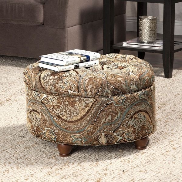 Shop Button Tufted Round Paisley Storage Ottoman – Overstock – 7559312 Pertaining To Brown Faux Leather Tufted Round Wood Ottomans (View 10 of 20)