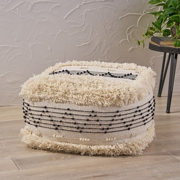 Shop Capewood Boho Wool And Cotton Large Ottoman Poufchristopher With Regard To Black And Natural Cotton Pouf Ottomans (View 3 of 20)