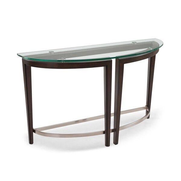Shop Carmen Contemporary Hazelnut Demilune Glass Top Console Table – On In Glass And Pewter Oval Console Tables (View 17 of 20)