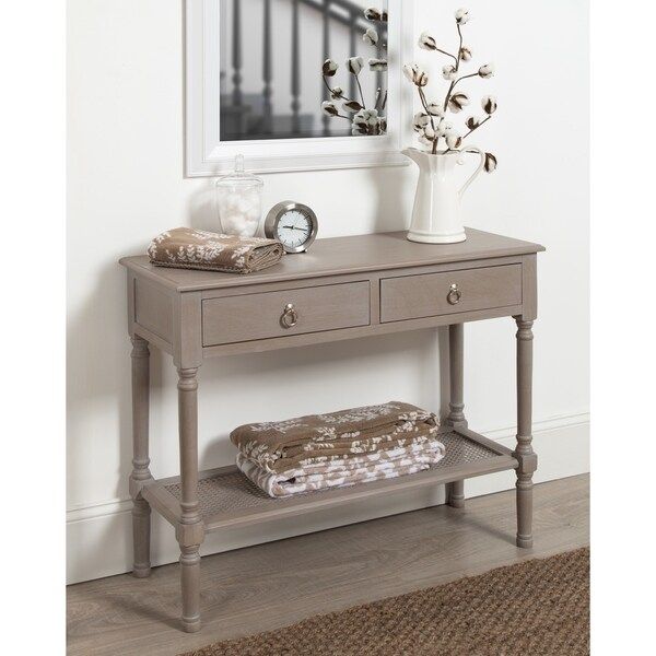 Shop Cayne Wood Console Table With Drawers And Woven Shelf, Weathered In Smoke Gray Wood Console Tables (View 18 of 20)