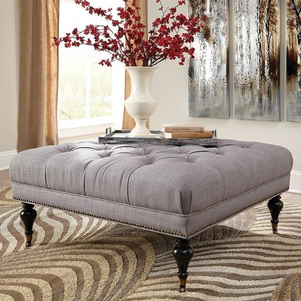 Shop Classic Soft Grey Square Button Tufted Ottoman With Nailhead Trim Pertaining To Gray Fabric Tufted Oval Ottomans (View 15 of 20)