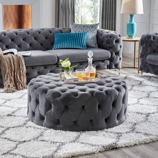 Shop Corvus Tufted Velvet Round Chesterfield Ottoman With Casters With Cream Chevron Velvet Fabric Ottomans (View 5 of 20)