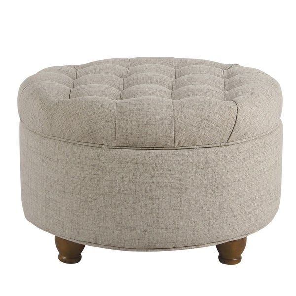 Shop Fabric Upholstered Wooden Ottoman With Tufted Lift Off Lid Storage In Round Beige Faux Leather Ottomans With Pull Tab (View 7 of 20)