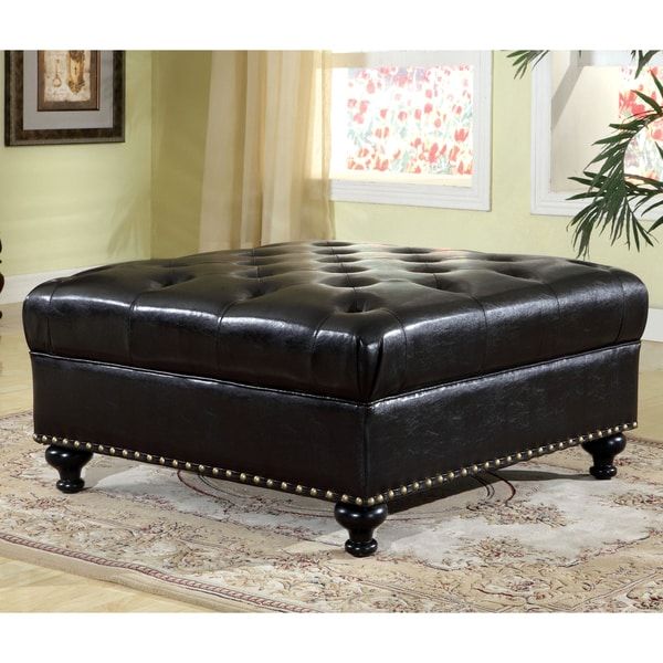 Shop Furniture Of America Charles Modern Black Tufted Faux Leather Within Black Leather And Bronze Steel Tufted Ottomans (View 14 of 20)